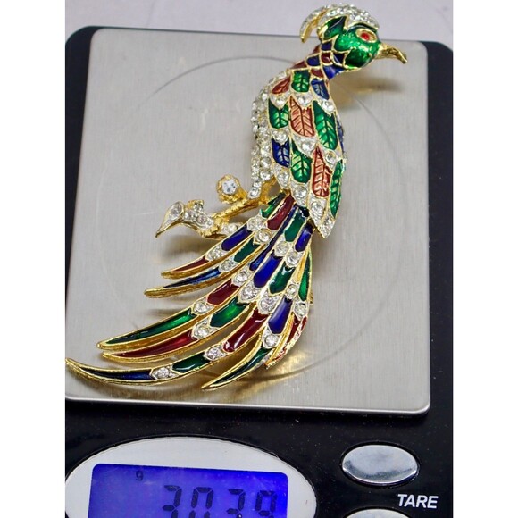 Peacock Bird Of Paradise Brooch Pin Colorful Enamel & Crystals Gold Tone LG 3" - Picture 8 of 10